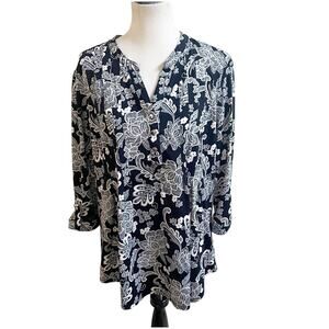 Cocomo Woman Jersey Knit Popover Tunic Black Floral Print Size 2x 3/4 Sleeve